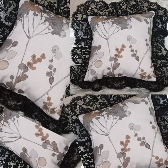 Beige Abstract Trimmed - Fine Black Lace Accent Pillow by Fancy Shams - 11"x9.5" - Picture 3 of 5